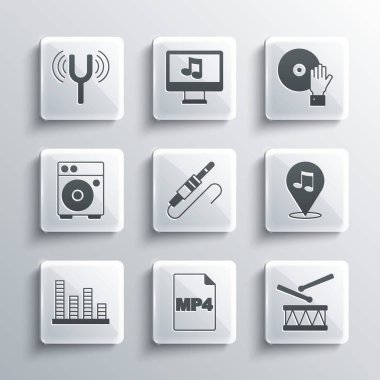 MP4 dosya belgesi Drum 'u davul çubukları ile ayarla. Konum müzik notası Audio jack müzik eşitleyicisi Gitar yükselticisi müzikal ayar çatalı ve DJ' in ikon çalması. Vektör.