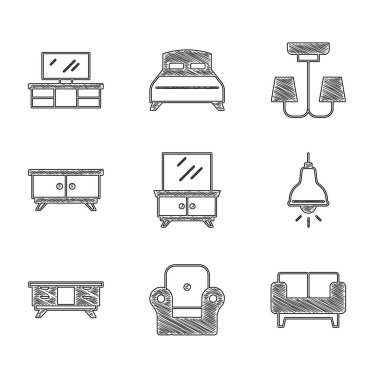 Giyinme masası Koltuğu Koltuğu Lambası asılı TV sehpası mobilya sehpası Chandelier ve simge. Vektör.