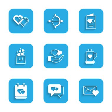 Heart in the hand speech baloncuğu Zarfta sevgililer günü broşürü ve iki birbirine bağlı kalp ikonu. Vektör.