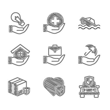 El Çantası Hayat Sigortası 'nı, rozetli Şemsiye' yi, teslimat Evi Sel Arabası 'nı ve ampul ikonunu hazırla. Vektör.