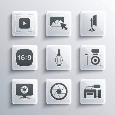 Kamera deklanşörü Fotoğraf Tozu üfleyici çerçeve 16 odak hattı ve Stüdyo ampul softbox simgesini ayarla. Vektör.