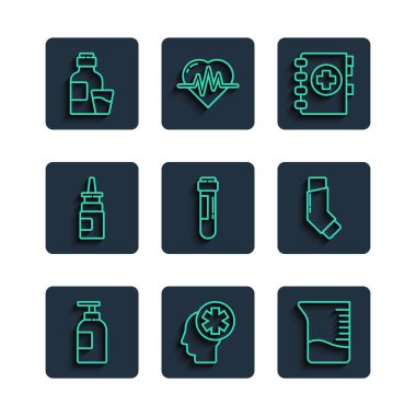 El dezenfektanı, hastane ölçüm kabı, test panosu, kan tüpü, burun spreyi, ilaç şurubu ve astım ilacı ikonu olan erkek kafası yerleştirin. Vektör.