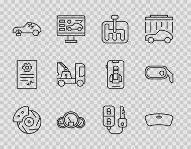 Hat frenleme diskini kalibre ön cam vites değiştirici hız göstergesi bozuk araba çekici uzaktan kumandası ve dikiz aynası ikonu ile ayarla. Vektör.