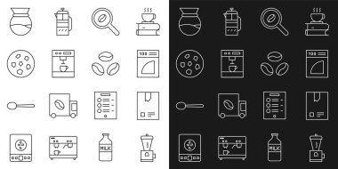 Elektrikli kahve öğütücü Torba Kahve Kağıt Kağıt Filtresi Seçim Makinesi Kurabiyesi veya bisküvi Yapıcı ve ikonun üzerine dökülür. Vektör.