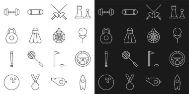 Sörf tahtası direksiyon golf topunu eskrimli Badminton mekiği Kettlebell Dumbbell ve klasik dart ikonuna ayarla. Vektör.