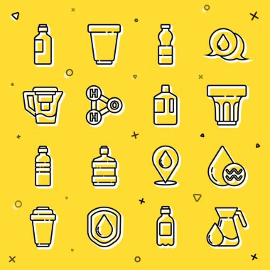 H2O Su testisi filtresi ve büyük şişe ikonu için su geri dönüşümlü temiz su cam şişe kimyasal formülü ile çizgi bardağı ayarla. Vektör.