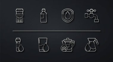 Su soğutucu test tüpünü su damlası musluk testi filtresi cam şişe ve su geçirmez ikon ile ayarla. Vektör.