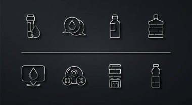 Hat test tüpünü su damlası ile ayarlayın Su yeri Büyük şişe temiz soğutucu kimyasal formül H2O konuşma baloncukları şişe ve ikon. Vektör.