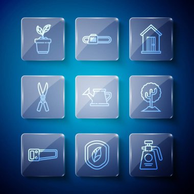 Line Hand Shield 'ı, gübre çiftliği için yaprak bahçesi spreyiyle bahçe sulama tenekesi, el yapımı makas, saksı ve ağaç ikonu ile gördü. Vektör.