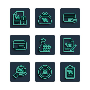 Satır İndirim yüzde etiketi Güvenli Finans belgesi Kredi kartı Para çantasını ve madeni para kilit ve simgesini kaldırın. Vektör.