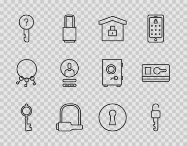Satır Eski Anahtar Açılan Ev 'i koruma altında tutun Bisiklet Tanımlanmamış Hesap Ekranı Anahtar Deliği ve Kart simgesi yarat. Vektör.