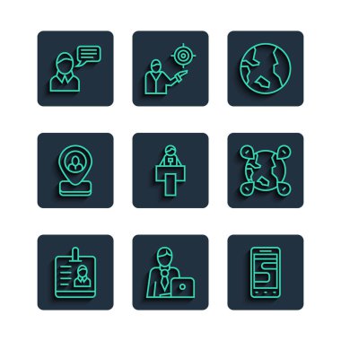 Satır Tanımlama Rozeti İş Adamı Sohbetçi Dünya Sahnesi standını ya da Tribün İşçi Konumu Konuşma Balonu Sohbetini ve Simge Konumunu arayın. Vektör.