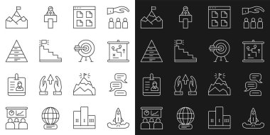 Rocket Speech konuşma balonu sohbet stratejisi konseptini ayarla Tarayıcı merdiven dosyalarını bitiş bayrağı çizelgesi bilgi dağları ve hedef ok ikonu ile birlikte düzenle. Vektör.