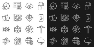 Saati ve hedef simgesi olan mobil video grafik kartı Piggy Bank Bitcoin 'den Kripto Para Bulutu Madencilik bitcoin hattını ayarlayın. Vektör.