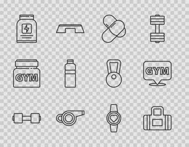 Sabit hat Dumbbell Spor Çantası Spor Beslenme Islık Sallama Zeka Sallaması ve Spor Salonu ikonu. Vektör.