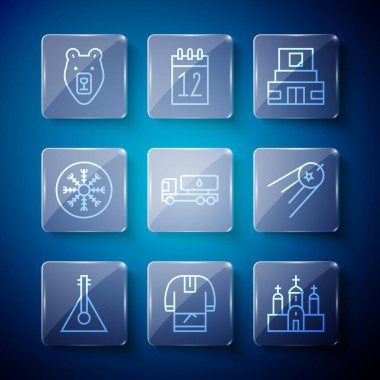 Balalaika Kosovorotka Kilisesi, Lenin Tanker kamyonu Snowflake Bear 'ın mozolesini ve uydu ikonunu inşa ediyor. Vektör.