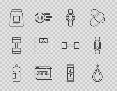 Fitness Sallama Torbası Smartwatch Çevrimiçi Fitness ve Spor Beslenme Banyosu terazileri ve ikonu. Vektör.