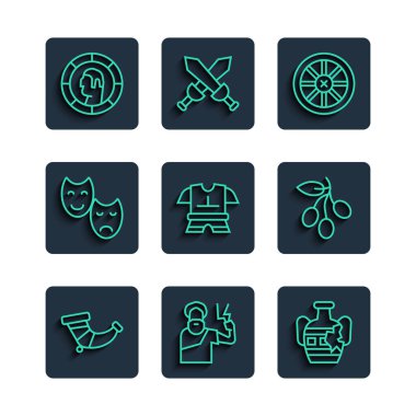 Av boynuzu Zeus kırık amfora eski ahşap gövde komedisi ve trajedi maskeleri Antik Yunan sikkesi ve zeytin dalı simgesi. Vektör.