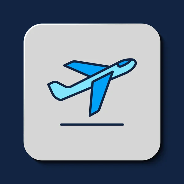 填充轮廓平面起飞图标孤立在蓝色背景 飞机运输的标志 — 图库矢量图片