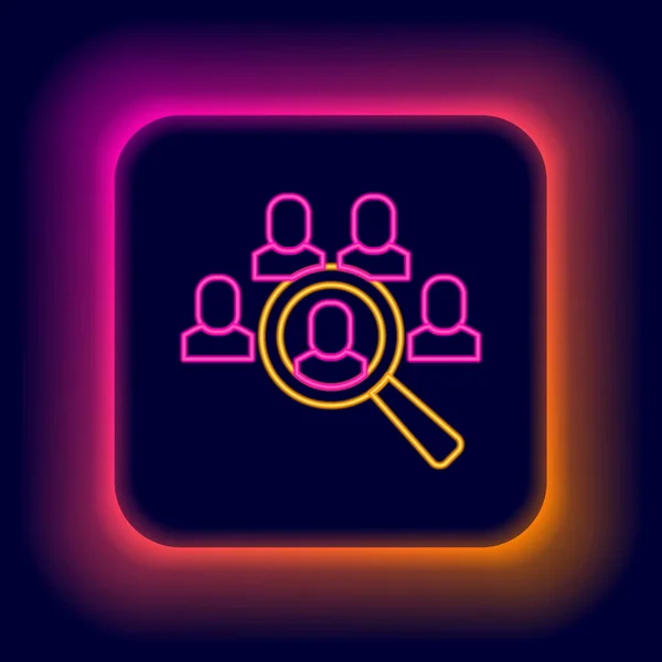 Glowing Neon Line Magnifying Glass Search Job Icon Isolated Black — Stok Vektör