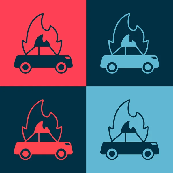 流行艺术焚烧汽车图标孤立的色彩背景 保险概念 车子着火了熄火冒烟的汽车坏了 — 图库矢量图片