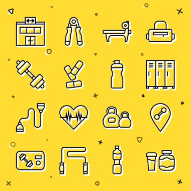 Barbel Vitamin hapı, Dumbbell Spor Salonu ve Fitness Titreşim ikonu ile Sports Beslenme Yeri soyunma odası Bench ayarlayın. Vektör.