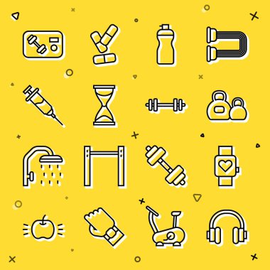 Akıllı kulaklıklar Kettlebell Fitness Sallaması Eski kum saati Doping Şırınga Kulübü spor salonu kartı ve Barbell ikonu. Vektör.