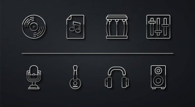 Vinil disk mikrofon ses karıştırıcı denetleyici kulaklık notalı Banjo müzik kitabı Stereo hoparlör ve davul simgesi ile ayarla. Vektör.