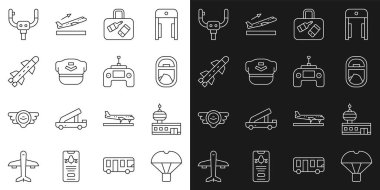 Hat Kutusu, paraşüt havaalanı kontrol kulesinde uçuyor. Uçak çantası, Pilot şapka, Roket Uçak dümeni ve uzaktan kumandalı İHA ikonu. Vektör.