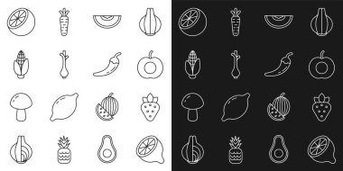 Limonlu Çilek Şeftali, kavunlu taze soğan, portakallı mısır ve acı biber kabuğu ikonu. Vektör.