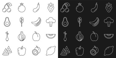 Limon aromalı kavun meyveli brokoli, ıspanaklı ıspanak, avokado vişneli ve bezelye ikonu. Vektör.