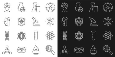 Mikroorganizmaları büyüteç Molekül Bakteri Test tüpü ve Kimyasal Patlama Radyoaktif konumu ve Microskop simgesinden koruyan matara kalkanı altına alın. Vektör.