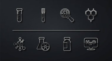 Hat test tüpü ve matara molekül kimyasal formül radyasyonu H2O ve mikroorganizmaları büyüteç simgesi altında ayarlayın. Vektör.