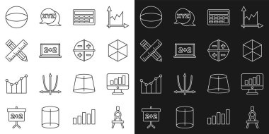 Çizgi Çizim Pusula Bilgisayar monitörünü grafik grafiği şekilli Küp Hesap Makinesi Chalkboard çapraz cetvel, kalem küre ve XYZ koordinat sistemi simgesi ile ayarla. Vektör.