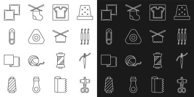 Çizgi makas iğnesini iplik kancasıyla, tebeşirle, tebeşirle, kumaş rulosu ve örgü iğneleri ikonuyla ayarla. Vektör.