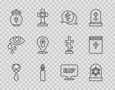 Çizgiyi, David Cross 'un yıldızı Burning Mum' un yıldızıyla bağla Cenaze Tabutu konuşma baloncuğu ölüm ve kutsal İncil ikonu. Vektör.