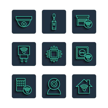 Hat hava nemlendirici Web kamera Wi-fi garaj işlemcisi işlemci işlemci işlemci taşınma sensörü ve elektrik çıkış ikonu ile Smart evini ayarlayın. Vektör.