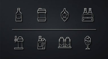 Bira şişesi, bira paketi demleme işlemi ve cam metal fıçı bardağı ve Hop ikonu. Vektör.