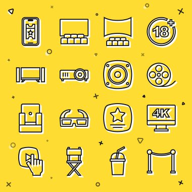 Rope Bariyer TV 'yi 4k Film Reel Cinema Auditorium, Movie Film Medya Projektörü Smart Tv ve Stereo hoparlör ikonu ile çevrimiçi olarak ayarla. Vektör.