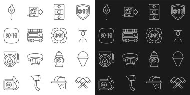 İtfaiyeci baltası koni fıskiye sistemi alarm sistemi acil durum yangın söndürme kibriti ve ikon ile 911 'i arayın. Vektör.