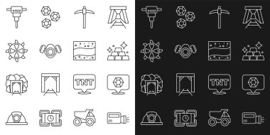 Flashlight Mücevher Taşı Çubukları, Gaz maskeli Kova Tekerlekli Kazıcı, İnşaat matkabı ve maden ikonu. Vektör.