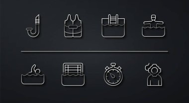 Snorkel Yüzme Suyu Jimnastiği Sttopwatch Polo Life ceketi Aqualung ve merdiven ikonlu yüzme havuzu. Vektör.