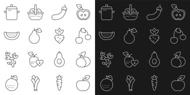 Apple Mango Meyveli Patlıcan Şeftalili Karpuz Pişirme Tenceresi ve Şalgam ikonu. Vektör.