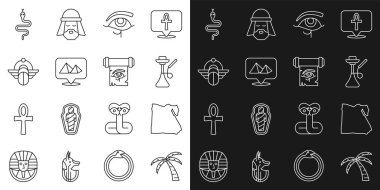 Mısır 'ın Tropikal Palmiye Ağacı Haritası Nargile Gözü Horus Piramitleri Mısır Scarab Yılanı ve papirüs kaydırma ikonu. Vektör.