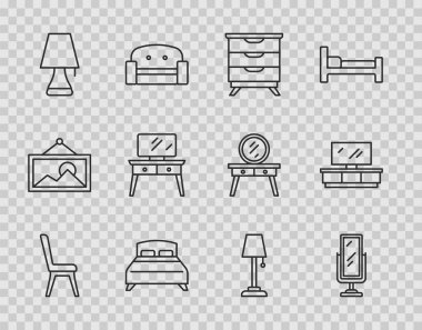 Sıra Sandalyesi Büyük tam boy aynalı mobilya komodini masa lambası döşeme masası ve televizyon ikonu. Vektör.