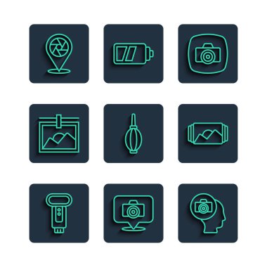 Foto kamera flaş üfleyici çerçeve kamera deklanşör ve simge ayarla. Vektör.