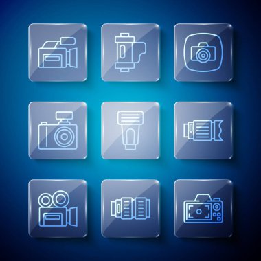 Retro sinema kamerası, fotoğraf objektifi, foto flaşlı sinema ve ikonu ayarlayın. Vektör.