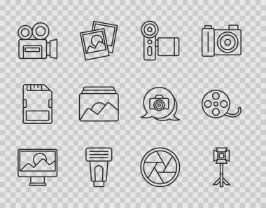 Foto 'nun rötuş yaptığı stüdyo lambası softbox sinema flaşı, kamera çerçevesi, kamera deklanşörü ve film makarası ikonu ayarlayın. Vektör.