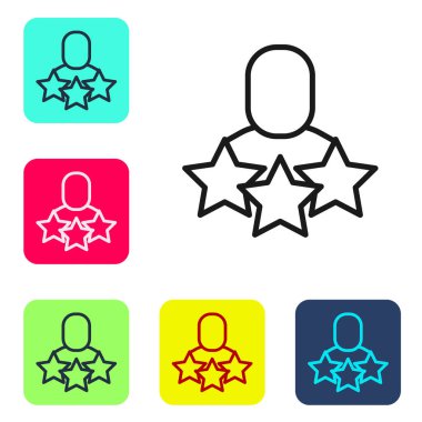 Siyah çizgi Üretken insan ikonu beyaz arka planda izole edildi. Fikir çalışması, başarı, üretkenlik, vizyon ve verimlilik kavramı. Renkli kare düğmelerle simgeleri ayarla. Vektör.