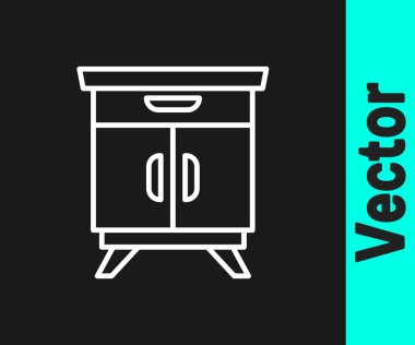 Beyaz çizgi mobilya komodininin simgesi siyah arkaplanda izole edildi. Vektör.